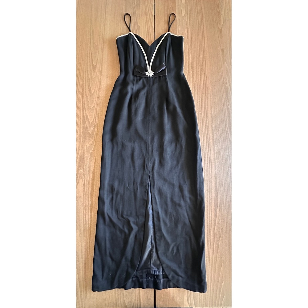 Betsy & Adam Black Evening Gown Rhinestone Bow Sweetheart Slit Dress Size Small